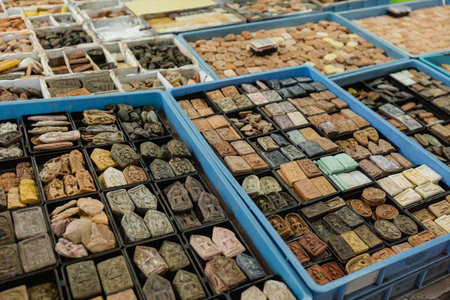 Close-up of colorful amulets in boxes for sale at a market in Bangkok, Thailand