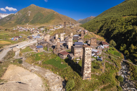Aerial view of ancient stone towers in the picturesque village of Ushguli, located in the...