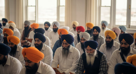 A diverse group of Sikh men in vibrant turbans are engrossed in prayer or religious study at a Gurdwara.  The image showcases the serenity and spiritual devotion within the Sikh community.の素材
