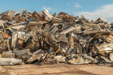 Pile of scrap metal for recycling in scrap yard, industrial backgroundの写真素材