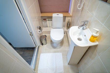 White toilet bowl and washbasin in modern bathroom. nobody inside