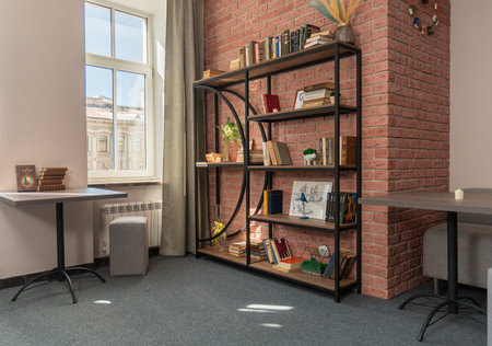 Bookshelf with books in modern office interior, 3d renderの写真素材