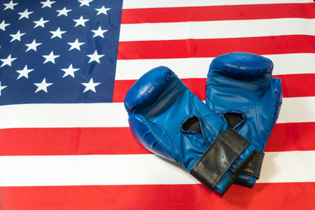Boxing gloves on American flag background. top view, copy space