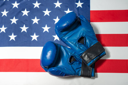Boxing gloves on american flag background. Sport and fitness conceptの写真素材