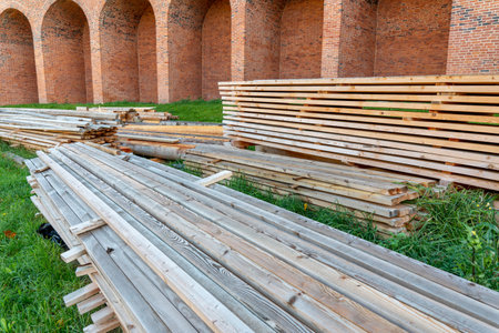 Wooden pallets on the background of the brick wall of the church