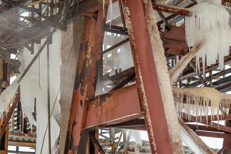 abandoned industrial building, close up of rusty metal structure with iciclesの写真素材