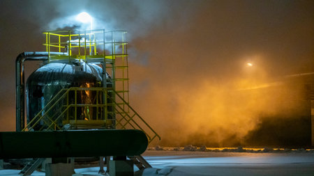 Abandoned gas processing plant at night with lights and smoke.の写真素材
