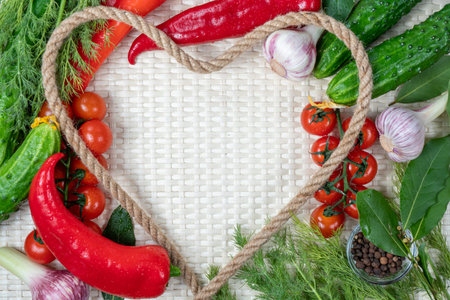 Fresh vegetables and herbs in a heart shape on a wicker backgroundの写真素材