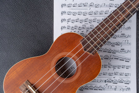 Ukulele and sheet music on a black background, close upの写真素材