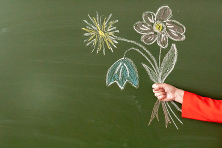 Drawing flowers on a blackboard with chalk. education concept.の写真素材