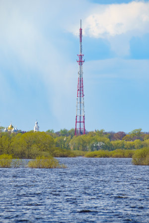Television tower on the bank of the Volga River, Russiaの写真素材