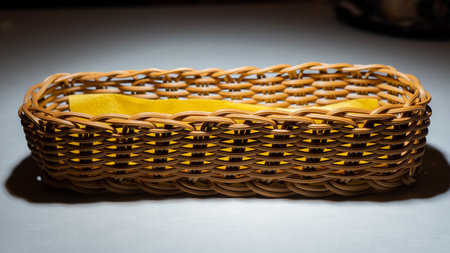 Wicker basket with yellow cloth on a white background, close upの写真素材