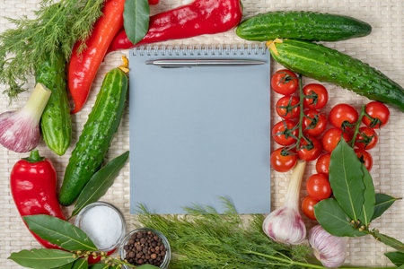 Healthy food background with fresh vegetables, herbs and notebook. top viewの写真素材