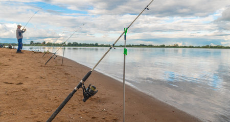 Fishing rod on the shore of the lake in the summer.の写真素材