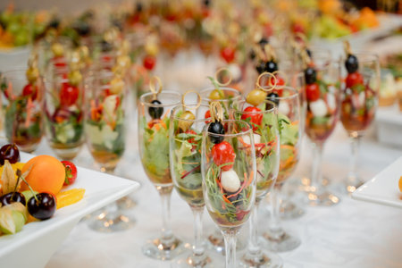 catering buffet food indoor in luxury restaurant with meat colorful fruits and vegetables