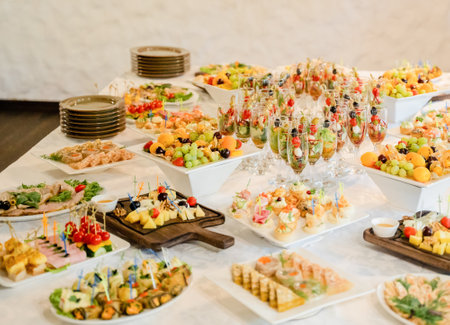 catering wedding buffet with different food snacks and beverages on the tableの写真素材