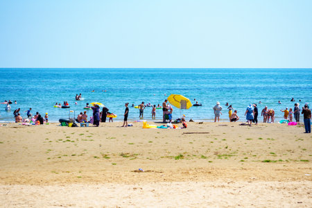 People on the beach of Palma de Mallorca, Balearic islands, Spainの写真素材