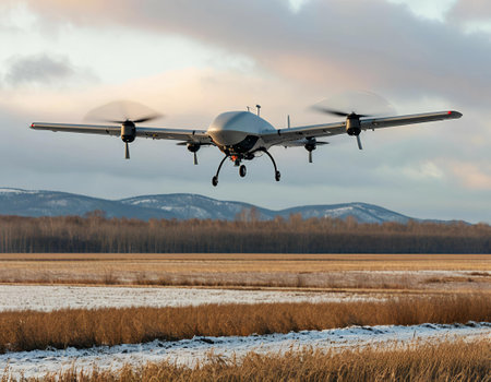Drone taking off from a field in winter with snow covered ground