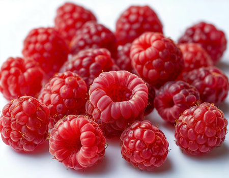 Raspberries on a white background. Selective focus. Shallow depth of field.