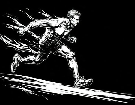 Running man on black background. Ink and watercolor drawing. Vector illustration.の写真素材