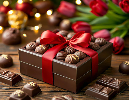 chocolate candies with red ribbon and flowers on a wooden backgroundの写真素材