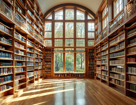 Library interior with bookshelves, wooden floor and large windows.の写真素材