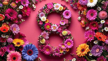 Number 8 made from colorful flowers on pink background. International Women's Day