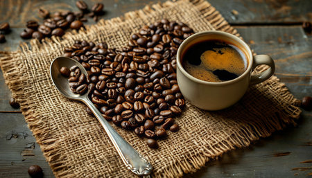 Coffee in a cup and saucer on a wooden background