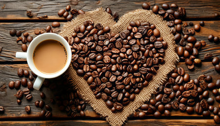 Coffee beans in heart shape and cup of coffee on wooden background