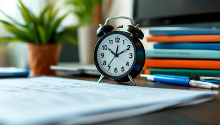 Alarm clock and documents on the desk. Time management concept.の写真素材
