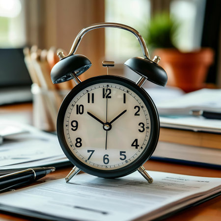 Alarm clock on the table in the office. Time management conceptの写真素材