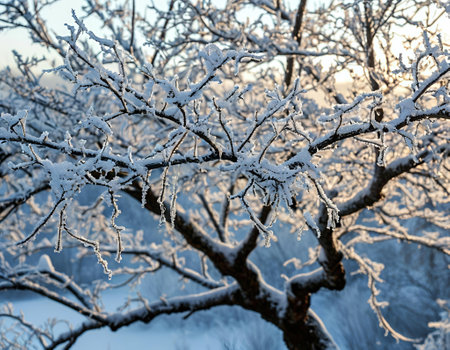 Tree branches covered with hoarfrost in the winter forest at sunsetの写真素材