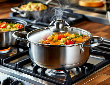 Cooking vegetables in a saucepan on a gas stove in the kitchenの写真素材
