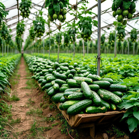 Rows of cucumbers in a greenhouse. Vegetable garden.の写真素材