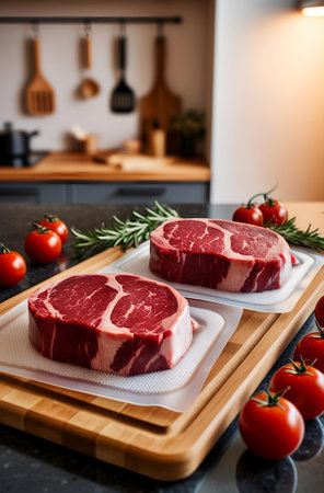 Raw fresh beef steak on cutting board with tomatoes and rosemary on kitchen backgroundの写真素材