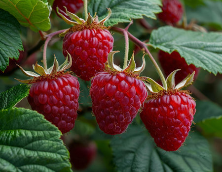 Ripe red raspberries on a branch with green leaves.