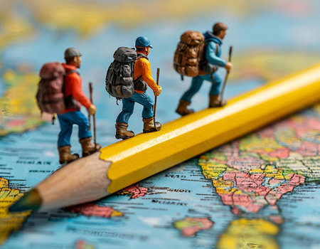 Miniature backpackers standing on a map. Travel and adventure concept.の写真素材