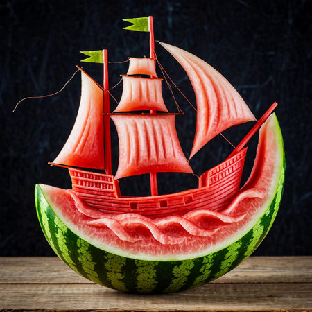 Watermelon with a sailboat on a black background. Toned.の写真素材