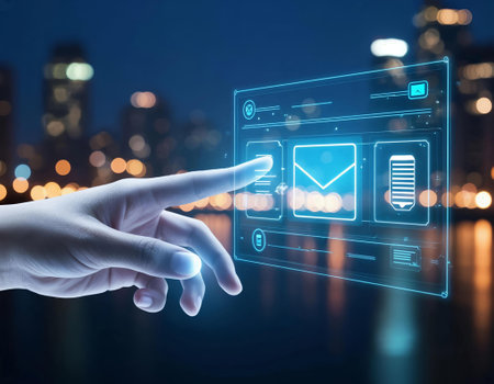 Close up of businesswoman hand touching icon on virtual screen over night cityscape backgroundの写真素材