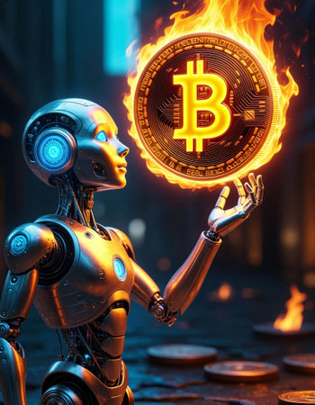 robot with bitcoin on fire background. 3d illustration. Cryptocurrency conceptの写真素材