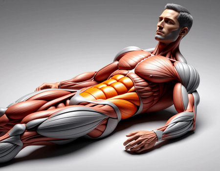 3D rendering of a male figure with muscle maps isolated on gray background