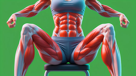 3D render of a female figure with muscle maps isolated on green backgroundの写真素材