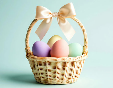 Colorful easter eggs in a basket with a bow on blue backgroundの写真素材