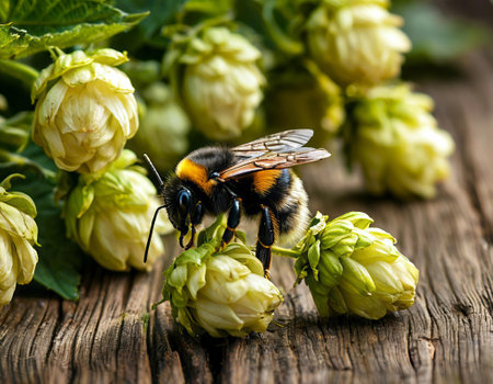 Bumblebee collecting pollen from green hop cones on old wooden tableの写真素材