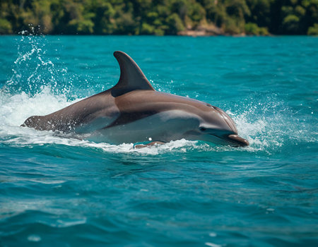 Dolphins jumping out of the water on a sunny summer day.