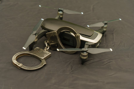 Drone with remote control and handcuffs on a black background closeup