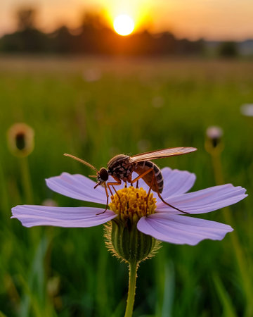 Bee on flower in the meadow at sunset. Shallow depth of field.の写真素材