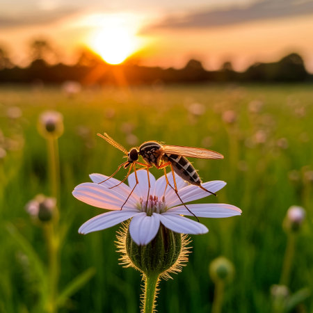 Dragonfly on a flower in the meadow at sunset background.の写真素材