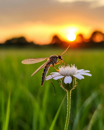 Dragonfly sitting on a flower in the meadow at sunset.の写真素材