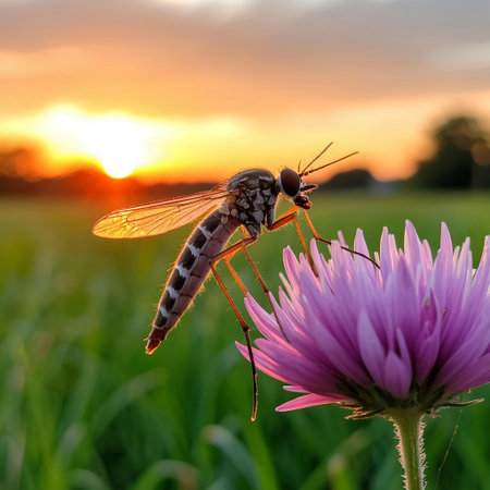 Dragonfly on a flower at sunset. Macro photography of insects.の写真素材